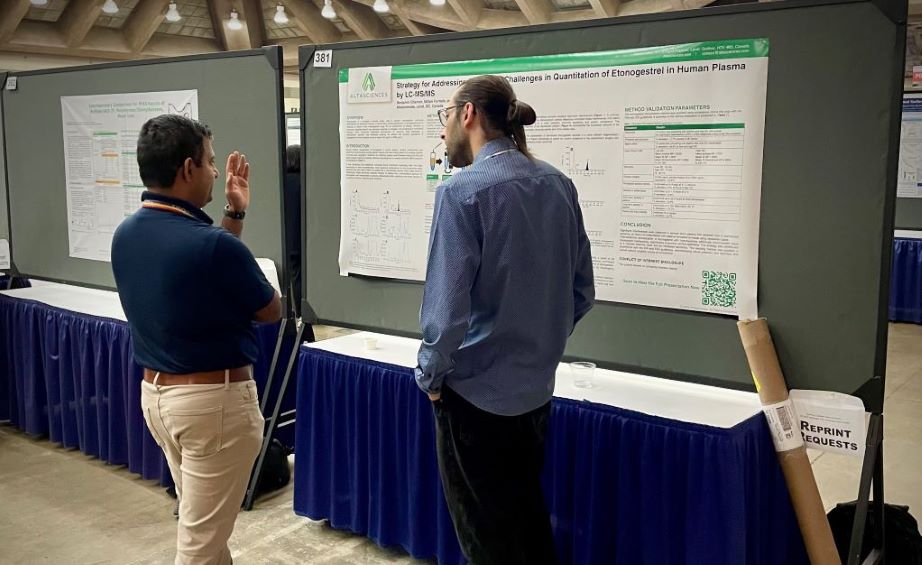 Benjamin Charron, Altasciences, presents the scientific poster, “Strategy for Addressing Specificity Challenges in Quantitation of Etonogestrel in Human Plasma by LC-MS/MS” at ASMS 2025. 